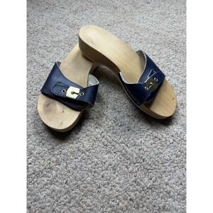 Dr. Scholls Style Navy Blue Leather Italian Wood Platform Clogs Slides Size 8.5